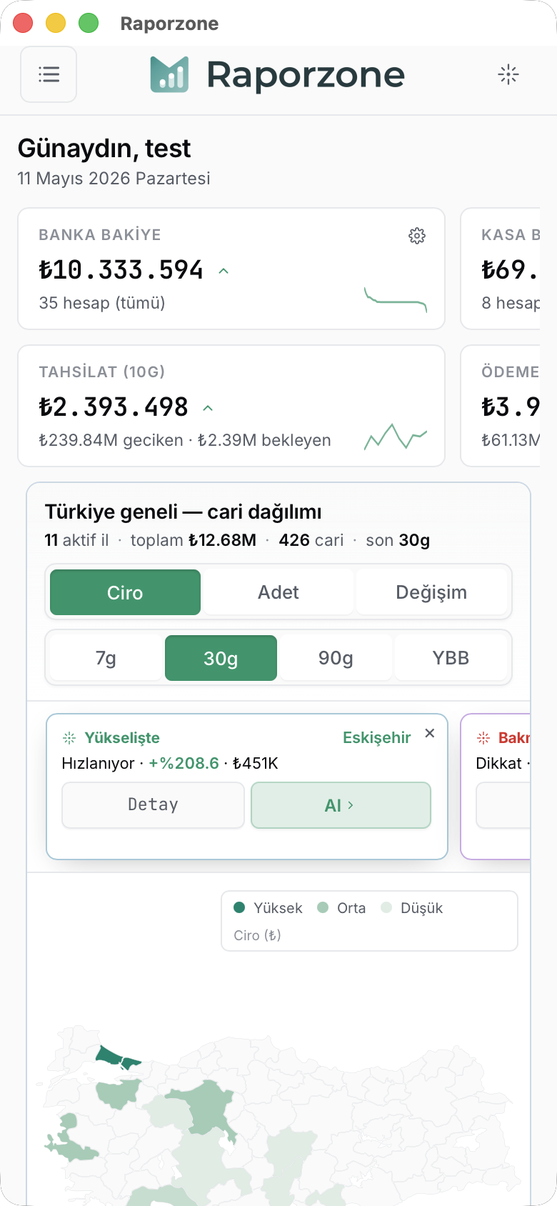Telefonda Anasayfa — özet kartlar ve harita üst kısmı