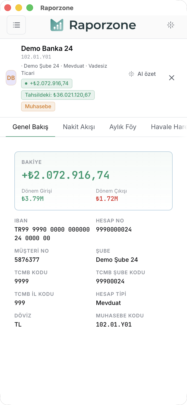 Telefonda banka detay paneli tam sayfa olarak açılır; sekmeler yatay kaydırılır