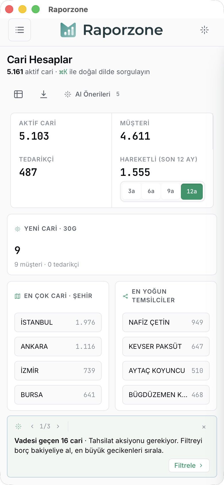 Telefonda Cari Hesaplar sayfasının üst kısmı — özet kartlar