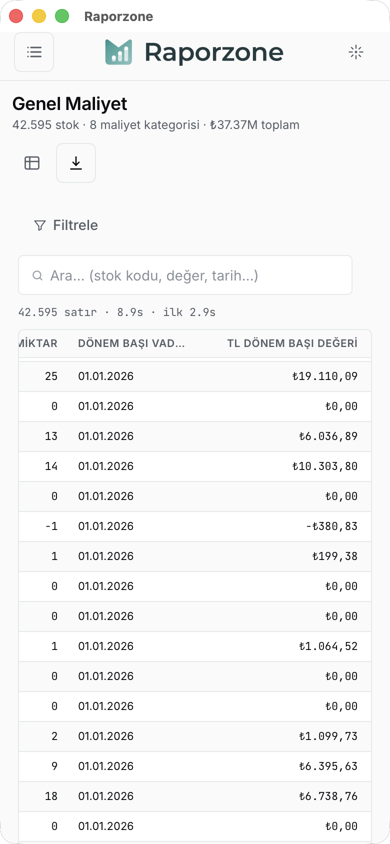 Telefonda Genel Maliyet — başlık, Filtrele, ızgara yatay kaydırılır