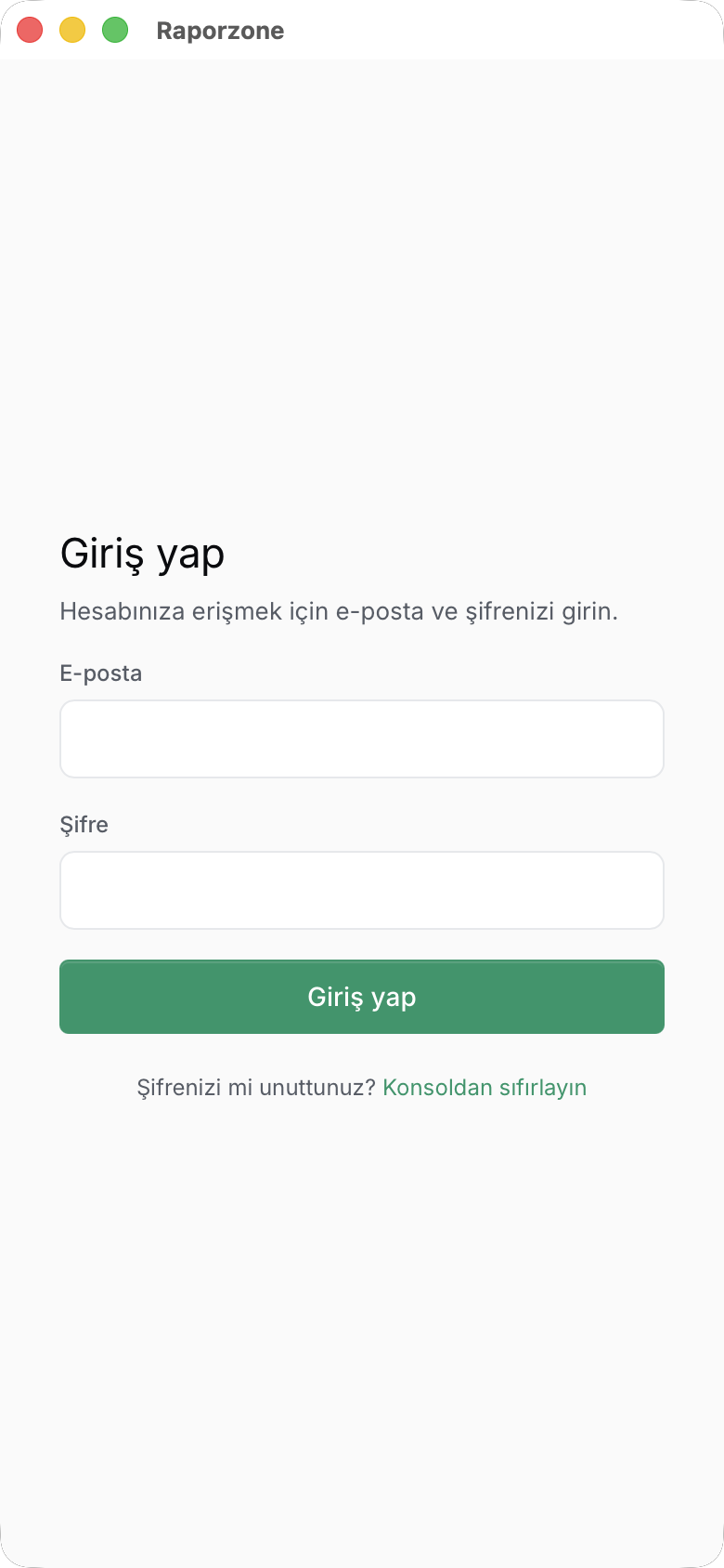 Telefonda Raporzone giriş ekranı — yalnızca form