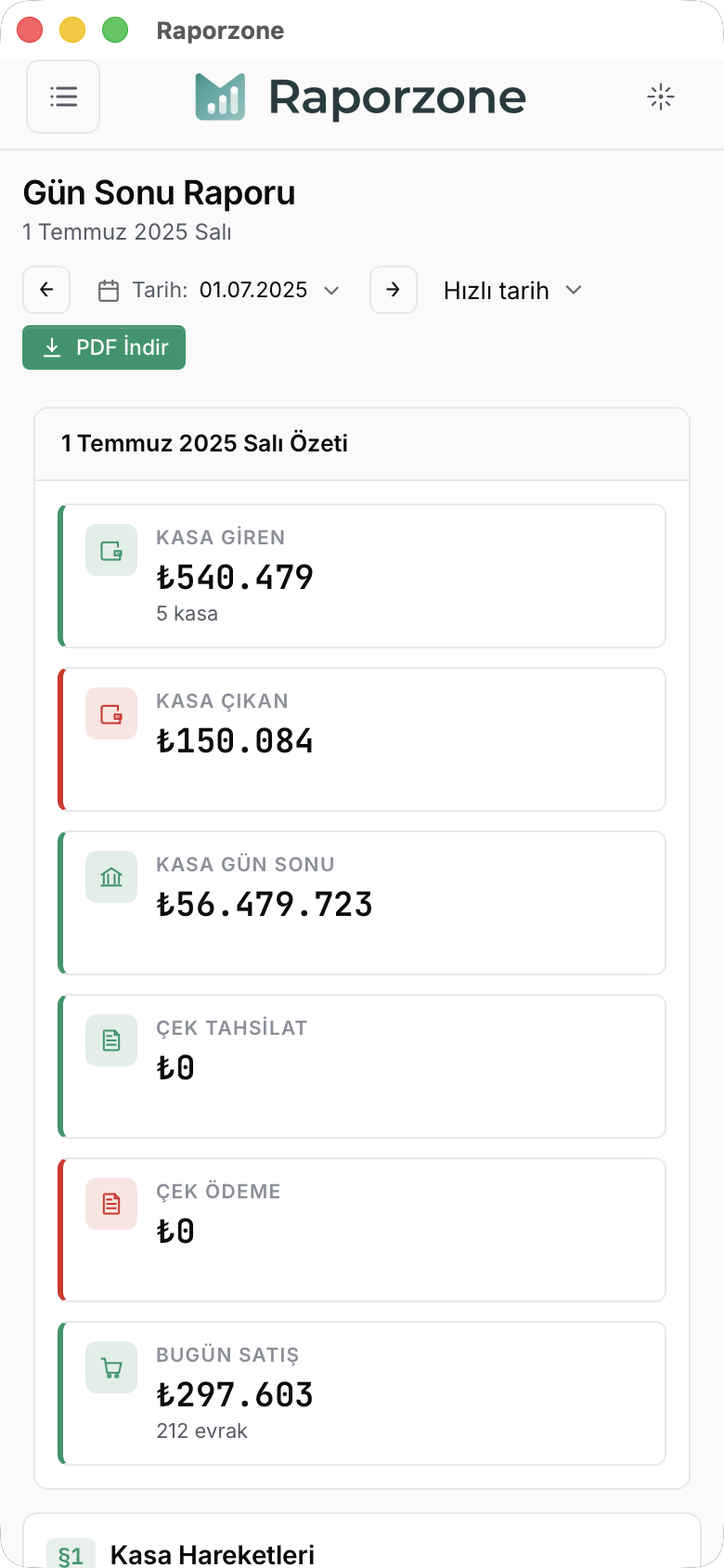 Telefonda Gün Sonu — başlık, tarih kontrolleri ve KPI kartları