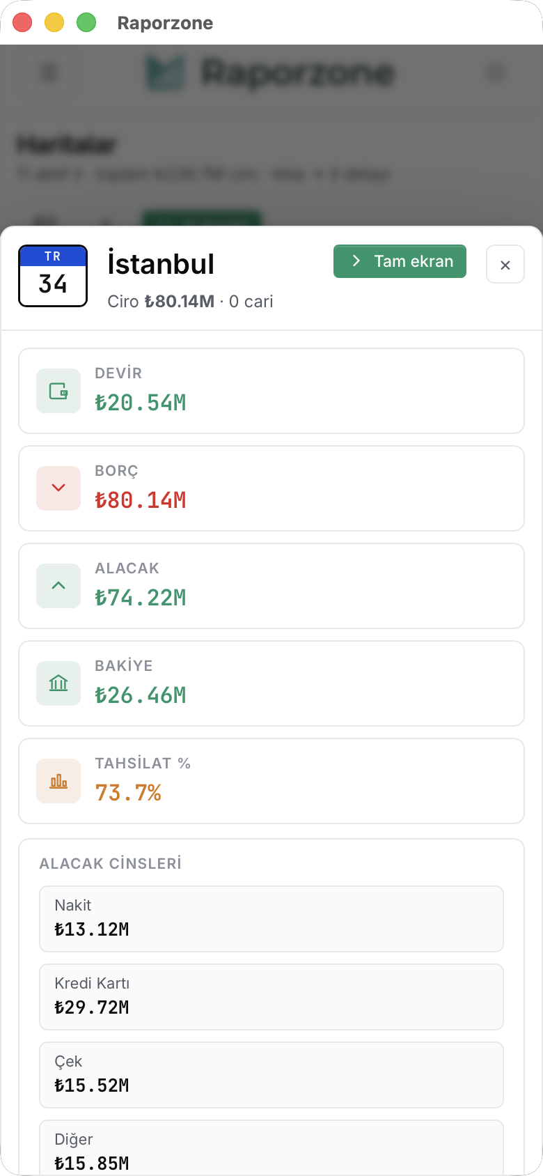 Telefonda il açılır penceresi — plaka, KPI'lar alt alta yığılır