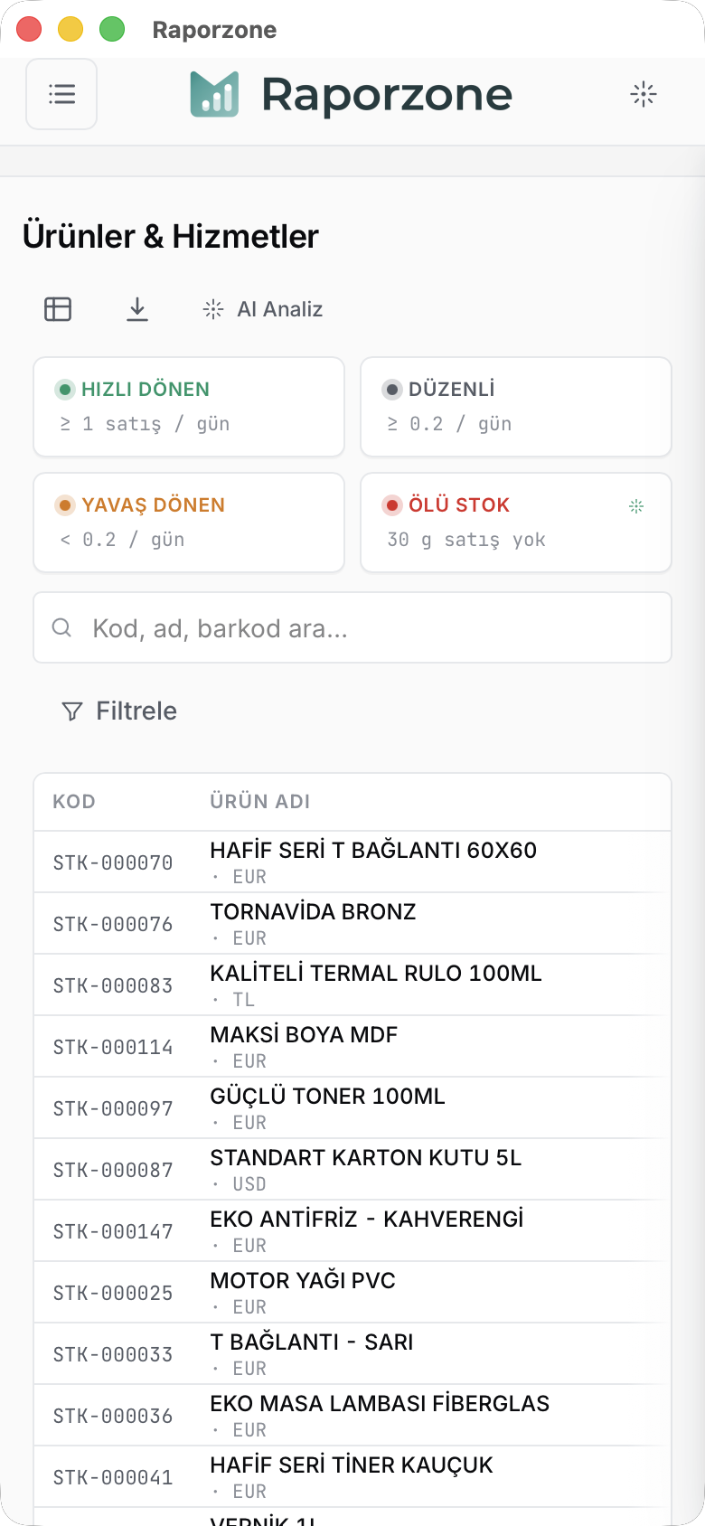 Telefonda Ürünler listesi — KPI kartları üstte, KOD ve ÜRÜN ADI sütunları